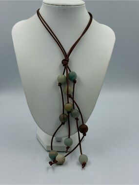 Long Stone Beaded Leather Cord Necklace Lariat Style Boho Western Forest Fairy